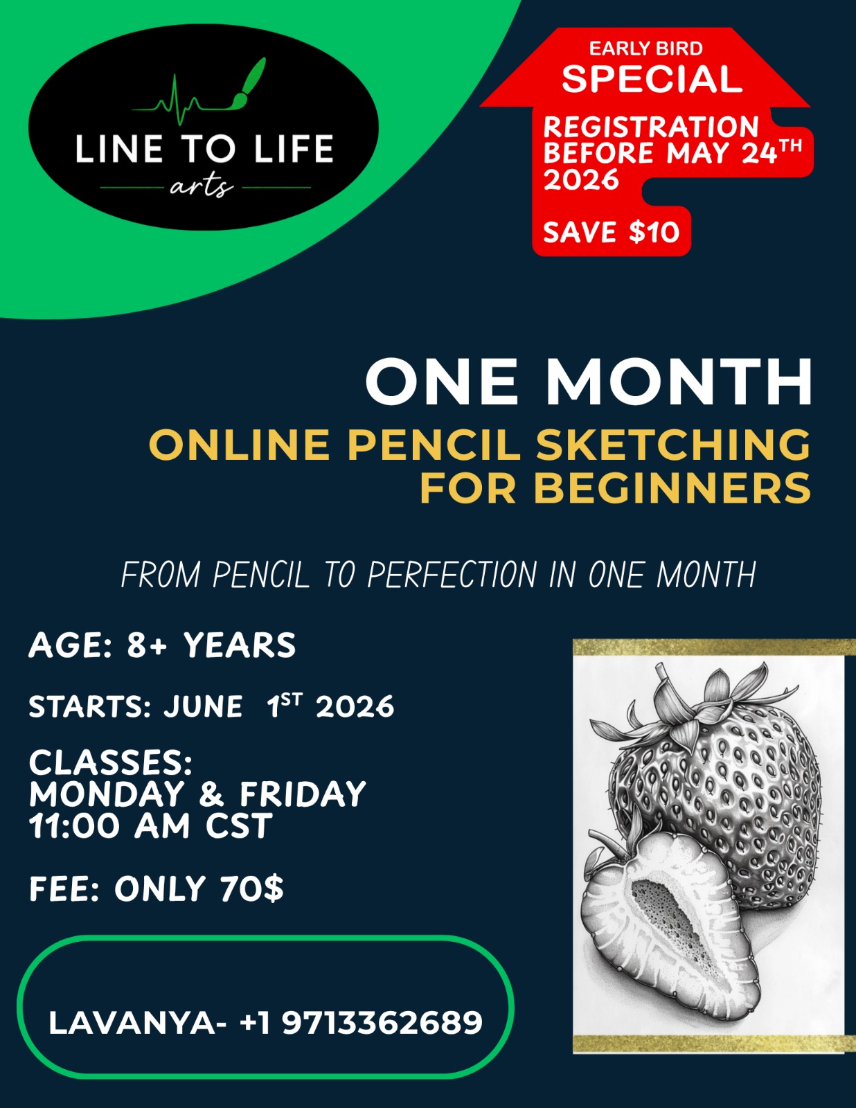 One Month Pencil Sketch Online Course — June 2026 Flyer