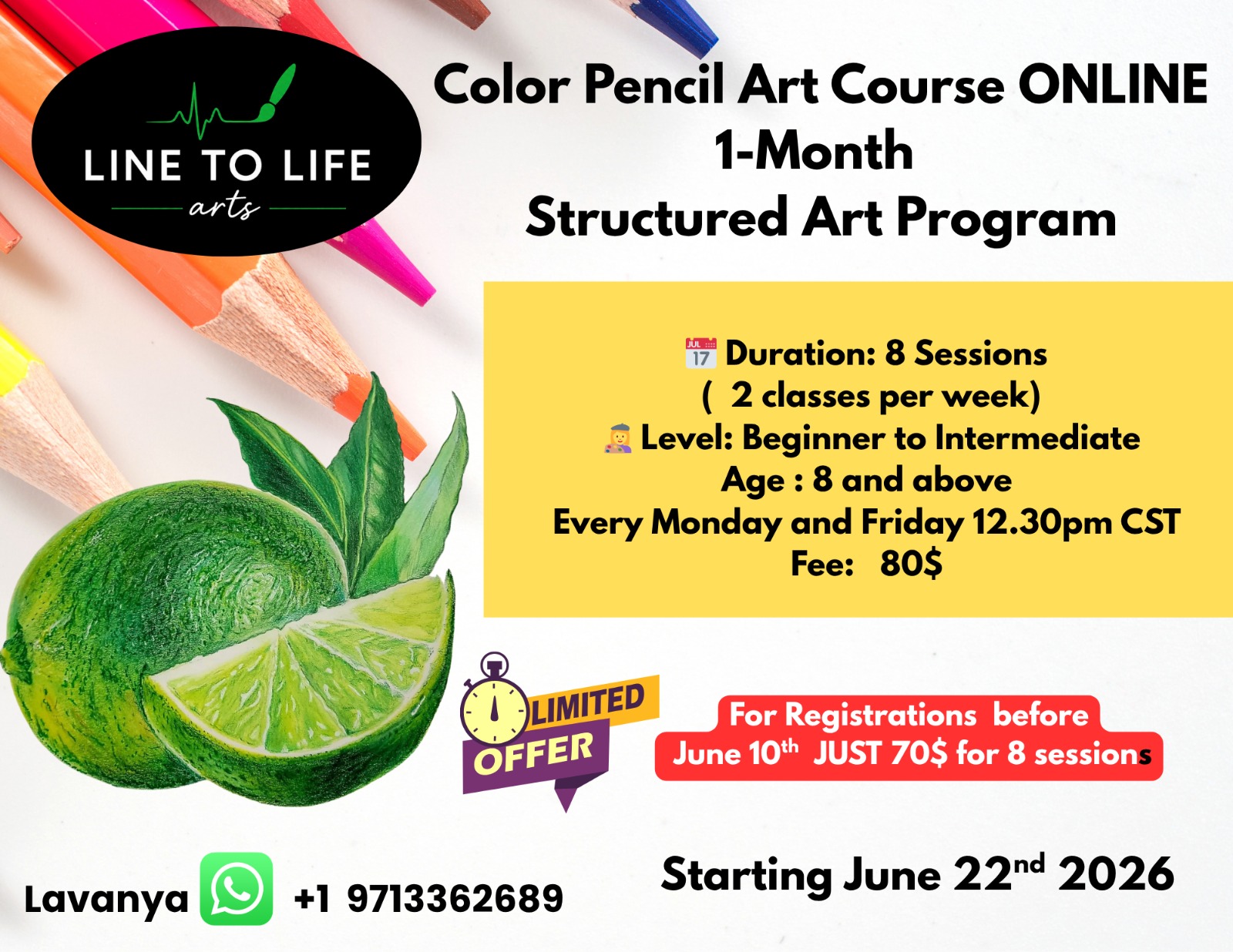 One Month Color Pencil Sketch Course — June 2026 Flyer